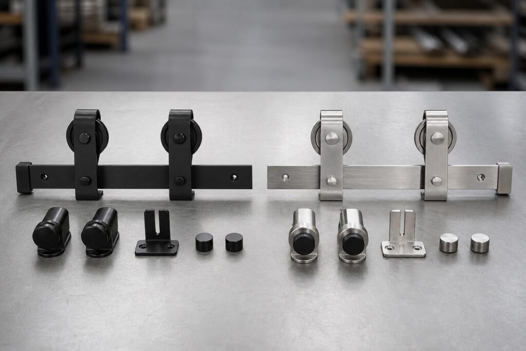 Carbon steel vs stainless steel barn door hardware kits side by side