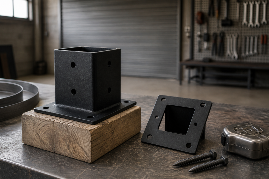 Matte black steel pergola post base bracket on timber post in fabrication workshop